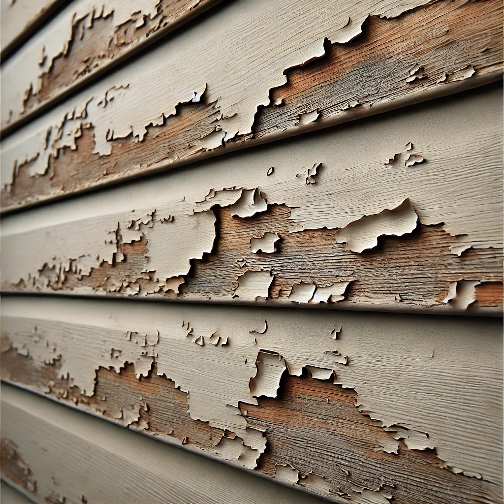 Peeling of paint on wood siding